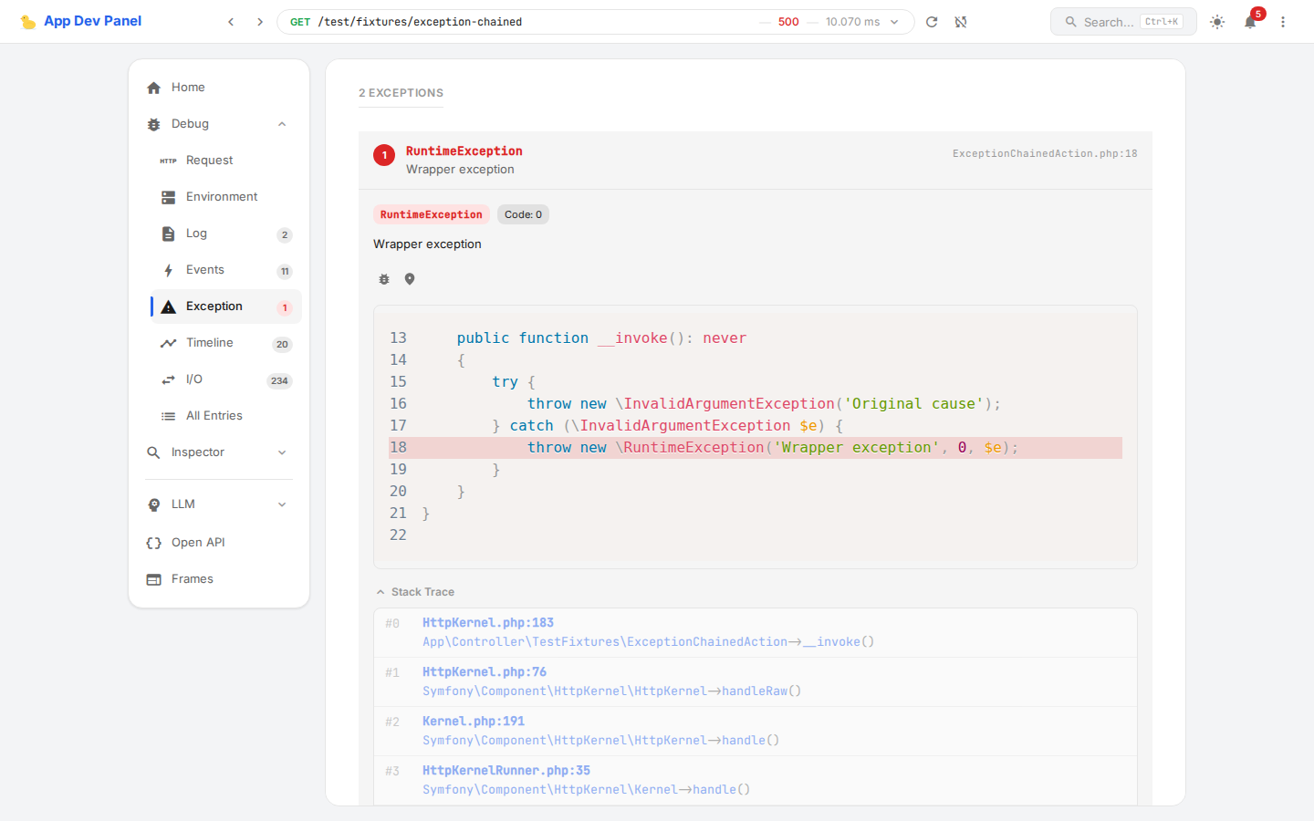 Exception Collector panel