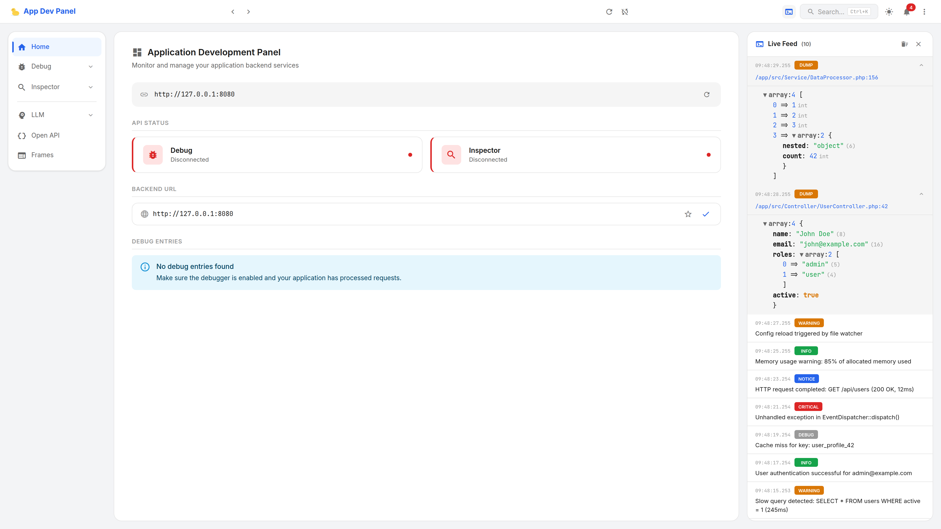 Live Feed drawer with log and dump entries